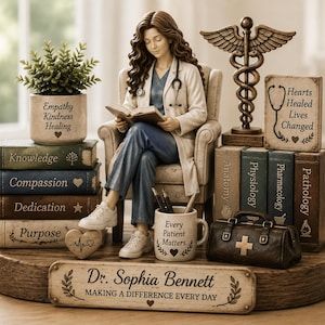 Puede incluir: Una figura de un médico sentado en una silla leyendo un libro, rodeado de artículos médicos que incluyen libros etiquetados como Knowledge, Compassion, Dedication, Purpose, Anatomy, Physiology, Pharmacology, Pathology y un letrero Dr. Sophia Bennett.
