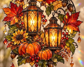 May include: A decorative hanging ornament featuring two lit lanterns surrounded by autumn maple leaves, sunflowers, pumpkins, and red berries. The piece is accented with brown acorns and dangling amber-coloured crystals, all set within a circular frame.