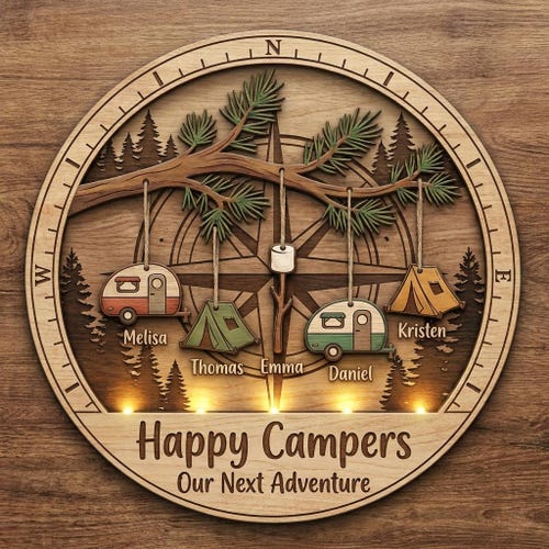 Personalized Happy Campers Wooden Sign, Custom Family Camping Wall Art, Rustic Adventure Decor