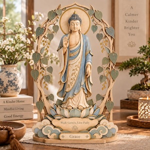 May include: A standing Buddha statue in blue and cream robes, positioned on a lotus base with clouds. The figure is framed by an arched wooden structure adorned with heart-shaped leaves. The base features the text Walk Gently, Live Fully and Grace.