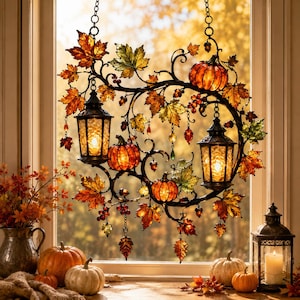 Op de afbeelding: Een hangende wanddecoratie van metaal met twee verlichte lantaarns, drie glazen pompoenen en talloze herfstkleurige esdoornbladeren in oranje, rood en geel. De structuur is versierd met kleine hangende bessen en eikeltjes.