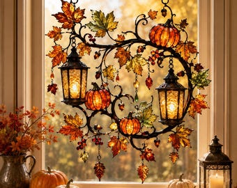 Decorazione autunnale a forma di zucca per finestre, acchiappasole autunnale con lanterne luminose, foglie d'acero colorate e ghiande