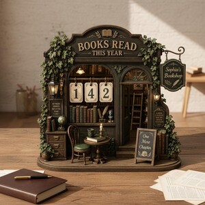 May include: A detailed miniature bookstore diorama with the text "BOOKS READ THIS YEAR" and "Sophia's Bookshop." The diorama features a small table, chair, and a sign that reads "One More Chapter." The number "142" is displayed.