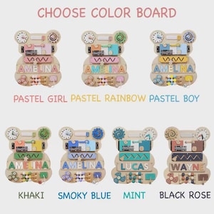 May include: Seven bear-shaped wooden activity boards with various sensory features including clocks, gears, and beads. Each board is personalized with names like AMELINA, LUCAS, or WAYNE, and features distinct color palettes labeled as Pastel Girl, Pastel Rainbow, Pastel Boy, Khaki, Smoky Blue, Mint, and Black Rose.