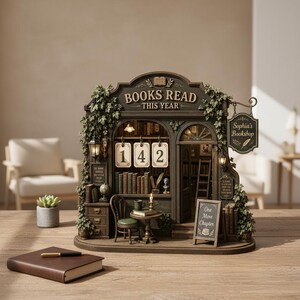 May include: A detailed miniature bookshelf diorama with the text "BOOKS READ THIS YEAR" and "Sophia's Bookshop." The diorama includes a small table, chair, and a sign that reads "One More Chapter." The number "142" is displayed.