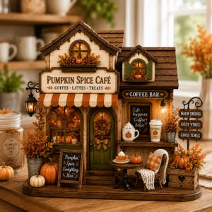 Puede incluir: Una miniatura de cafetería Pumpkin Spice con tejas marrones, un toldo a rayas y ventanas iluminadas. El letrero dice PUMPKIN SPICE CAFÉ, COFFEE LATTE TREATS, COFFEE BAR, y carteles con textos como Life happens Coffee helps y Pumpkin Spice Everything Nice.
