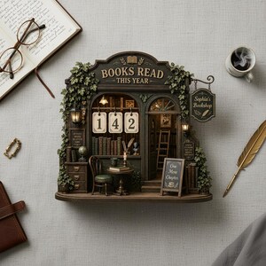 May include: A detailed miniature bookshelf diorama, featuring the text "BOOKS READ THIS YEAR" and the number "142". The diorama includes ivy, a small table, chair, and a ladder. A sign reads "Sophia's Bookshop".
