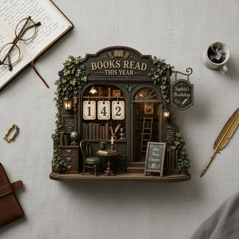 May include: A detailed miniature bookshelf diorama, featuring the text "BOOKS READ THIS YEAR" and the number "142". The diorama includes ivy, a small table, chair, and a ladder. A sign reads "Sophia's Bookshop".