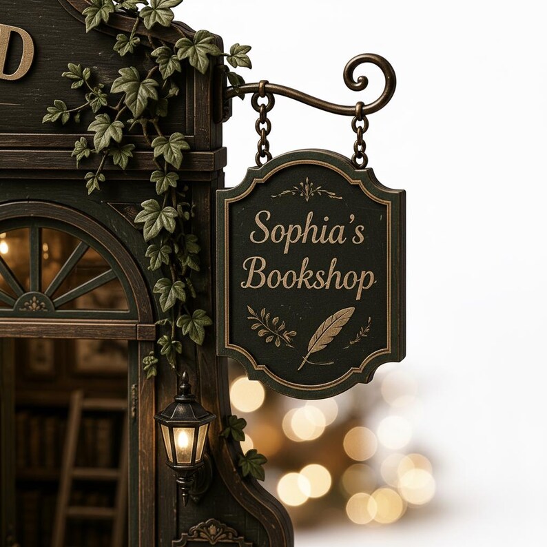 May include: A miniature, dark green bookshop facade with a sign that reads "Sophia's Bookshop." The sign is suspended from a decorative metal bracket. The facade is decorated with faux ivy and a small lantern.