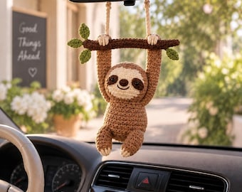Crochet Sloth Car Charm, Cute Amigurumi Rearview Mirror Ornament, Handmade Car Accessory, Sloth Lover Gift for Her
