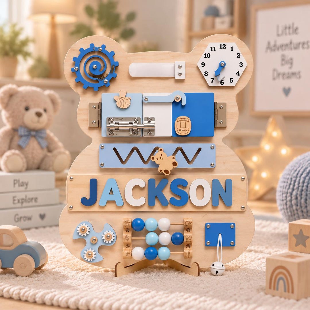 Personalized Bear Montessori Busy Board, Custom Name Wooden Puzzle Toy, Toddler Learning Activity, Baby Shower First Birthday Gift