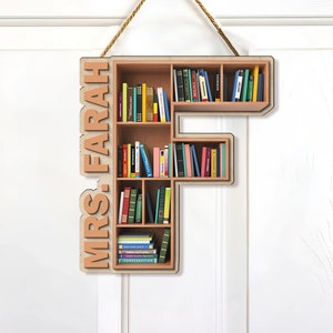 Letrero personalizado para puerta de aula, arte de madera de dos capas para bibliotecario escolar, letrero personalizado con letra y nombre, regalo único para biblioteca escolar.