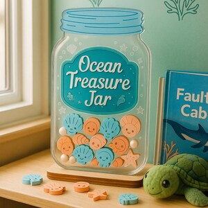 Peut inclure: Un bocal transparent avec un couvercle bleu et l'inscription "Ocean Treasure Jar" contient des pièces en forme de coquillages bleus et oranges. Le bocal repose sur une base en bois, avec des pièces supplémentaires éparpillées.