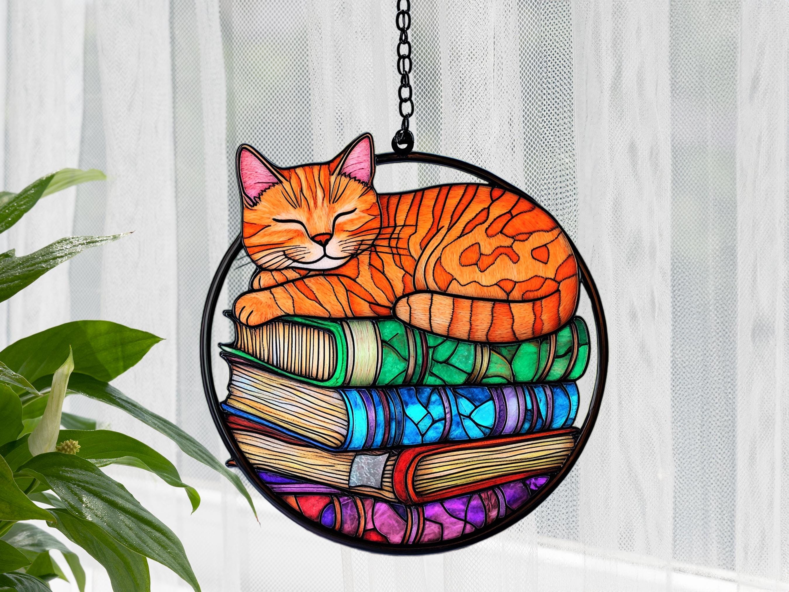 Sonnenfänger Fensterdeko Katze - Acryl Traumfänger 10x10cm Bücher Deko