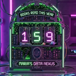 Könnte beinhalten: Eine futuristische digitale Anzeige mit dem Text "BOOKS READ THIS YEAR" und der Zahl "159". Die Anzeige ist grün und lila, mit einem Bücherregal-Design und dem Text "MARIA'S DATA NEXUS".