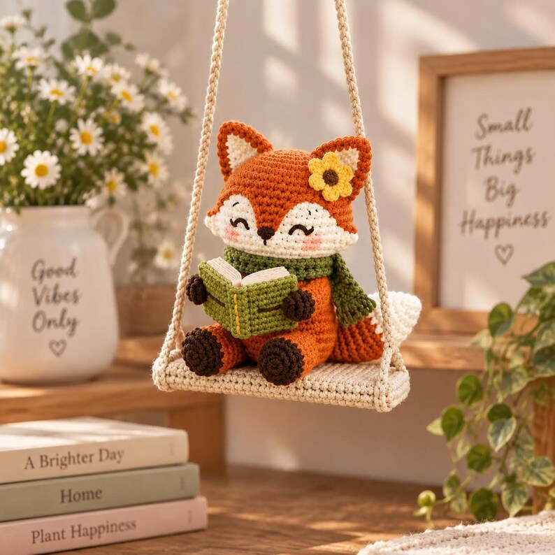 Crochet Fox Car Charm | Reading Fox Rearview Mirror Hanger | Book Lover ...