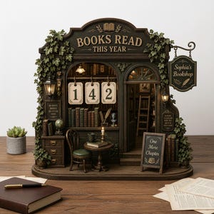 May include: A detailed miniature bookshop model with the text "BOOKS READ THIS YEAR" above the entrance. The shop includes shelves of books, a small table, and a sign that says "Sophia's Bookshop". The number "142" is displayed.