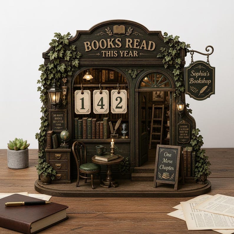 May include: A detailed miniature bookshop model with the text "BOOKS READ THIS YEAR" above the entrance. The shop includes shelves of books, a small table, and a sign that says "Sophia's Bookshop". The number "142" is displayed.