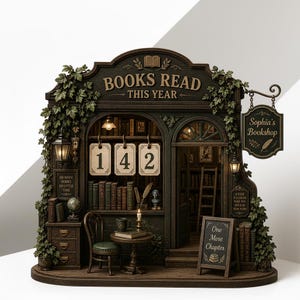 May include: A detailed miniature bookstore model with the text "BOOKS READ THIS YEAR" and "Sophia's Bookshop." The model features a small table, chair, and shelves filled with books. The number "142" is displayed. Green vines and a small chalkboard with the text "One More Chapter" add detail.