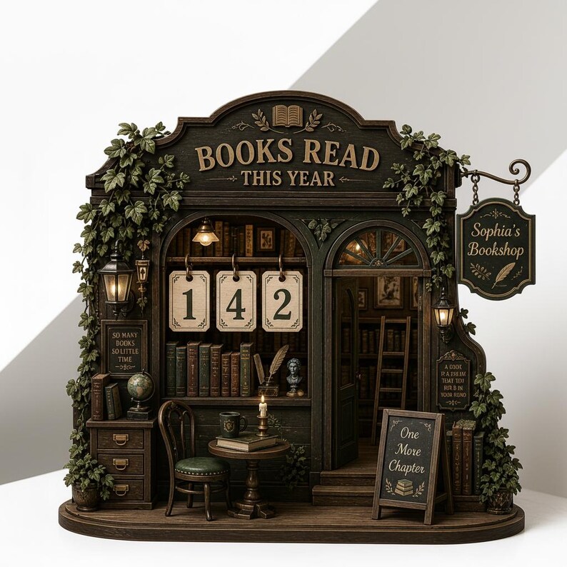 May include: A detailed miniature bookstore model with the text "BOOKS READ THIS YEAR" and "Sophia's Bookshop." The model features a small table, chair, and shelves filled with books. The number "142" is displayed. Green vines and a small chalkboard with the text "One More Chapter" add detail.