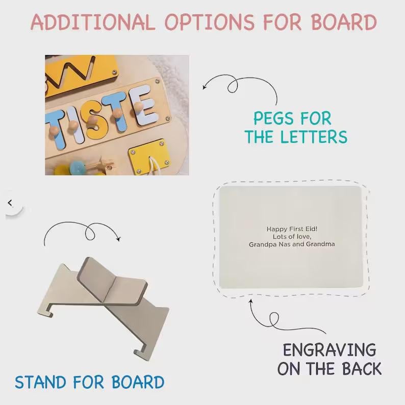 May include: A wooden activity board with yellow and blue letter cutouts, small wooden pegs for letters, a light-colored wooden stand, and a rectangular back panel featuring the engraved text: Happy First Eid! Lots of love, Grandpa Nas and Grandma.