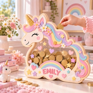 May include: A wooden unicorn-shaped piggy bank with a clear front panel filled with gold coins. The design features a pastel rainbow mane, a gold horn, and floral accents. The name EMILY is printed in pink letters above a rainbow and cloud base.