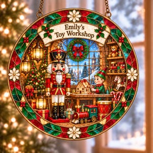 Personalized Christmas Toy Shop Suncatcher, Nutcracker Window Decor, Holiday Stained Glass Hanging, Custom Name Gift