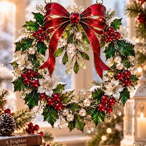 May include: A hanging Christmas wreath ornament featuring translucent green holly leaves, bright red berries, white poinsettia flowers, and a large red bow at the top. The design includes clear crystal accents and is suspended by a dark metal chain.