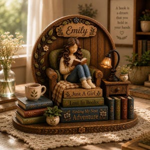 Può includere: Una statuetta decorativa che raffigura una persona di nome Emily seduta su una poltrona verde mentre legge un libro. La base include libri impilati con il testo Just A Girl, Lost In Books e Finding My Next Adventure, una tazza e una lampada.