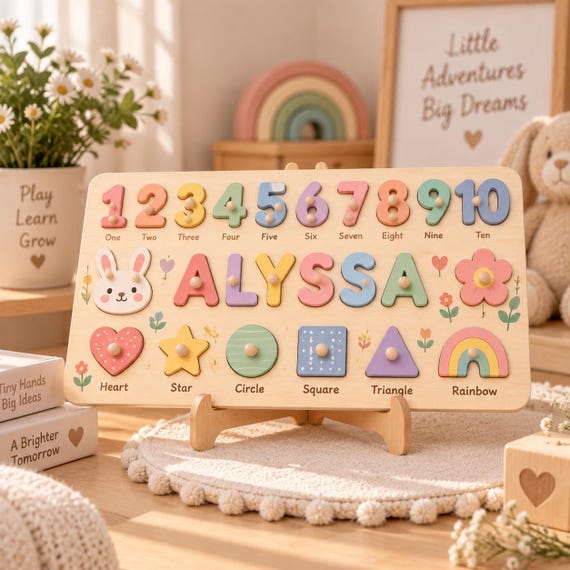 A chunky wooden name puzzle that doubles as a Montessori learning toy — hand-cut shapes and numbers make each one genuinely unique, not a printout.
