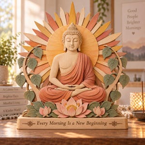 Puede incluir: Una estatua de Buda de madera en postura de meditación, con un halo de rayos solares, hojas verdes y flores de loto. La base está grabada con el texto 'Every Morning Is a New Beginning' e iconos de loto, en tonos suaves de naranja, rosa y verde.
