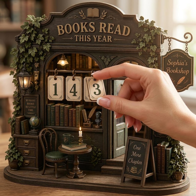 May include: A detailed miniature bookshelf diorama with the text "BOOKS READ THIS YEAR." The diorama features a small table, chair, and a sign that reads "One More Chapter." The number "143" is displayed on hanging tags. The sign reads "Sophia's Bookshop."