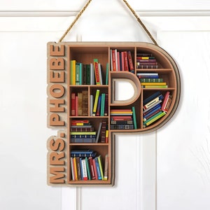 Letrero personalizado para puerta de aula, obra de arte de 2 capas para bibliotecario escolar, letrero de madera con letra y nombre, regalos para biblioteca escolar