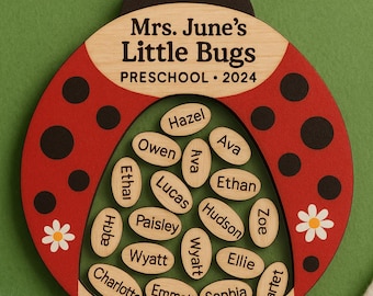 May include: A wooden ladybug ornament with the text "Mrs. June's Little Bugs Preschool 2024" and the names of children in a circle around the ladybug's body.