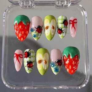 Ladybug Fruit Picnic Press On Nails, Handmade, Handpainted 3D Gel Nails Designs. Holiday, Birthday, Prom, Wedding, Party Nail. Gift for her.