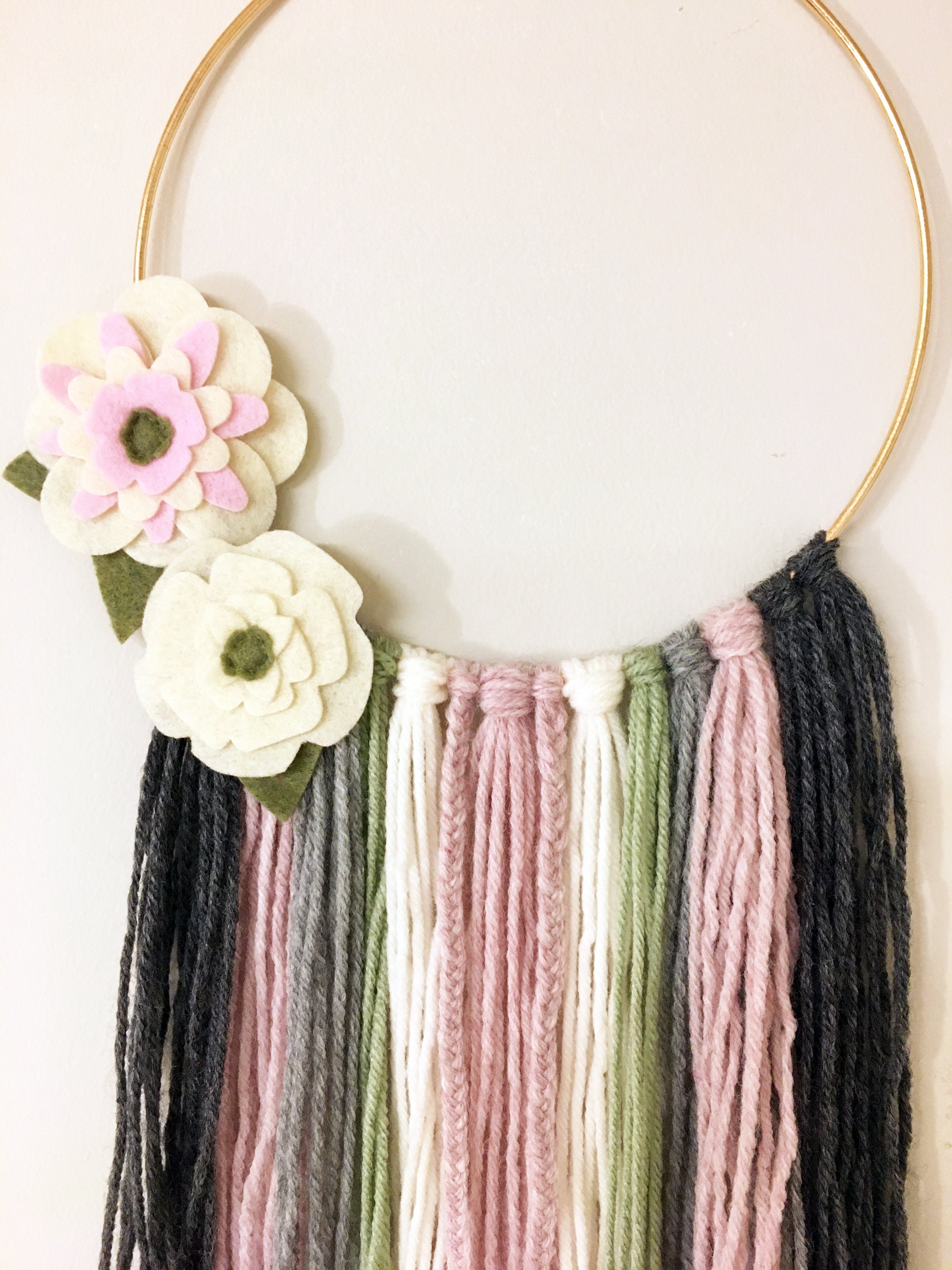 Yarn Wall Hanging Bohemian Style Pink and Charcoal Gray
