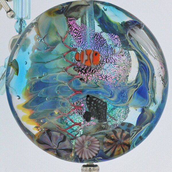 Aquatic Fantasy Necklace 1.5" Aquarium Bead w/ Clownfish and Jellyfish, Dichroic Ocean Bead, Pearls, Glass