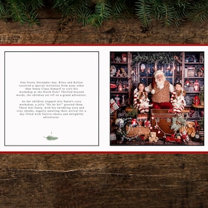 May include: A festive Christmas scene featuring Santa Claus with two children and a dog, surrounded by toys and decorations. The image is set against a backdrop of a cozy workshop, with text describing a special invitation to visit Santa.