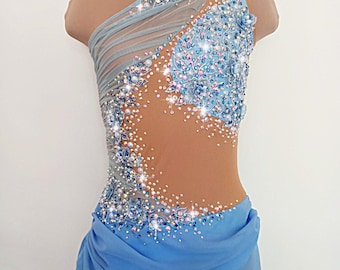 Traje de danza lírica solista de competición azul, leotardo contemporáneo