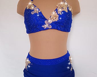 badgley mischka royal blue dress Royal Blue Two-Piece Satin Prom Dress with High Slit – FancyVestido main image 1