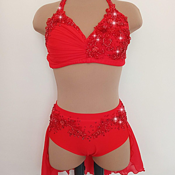 Two piece red competition solo lyrical dance costume contemporary leotard