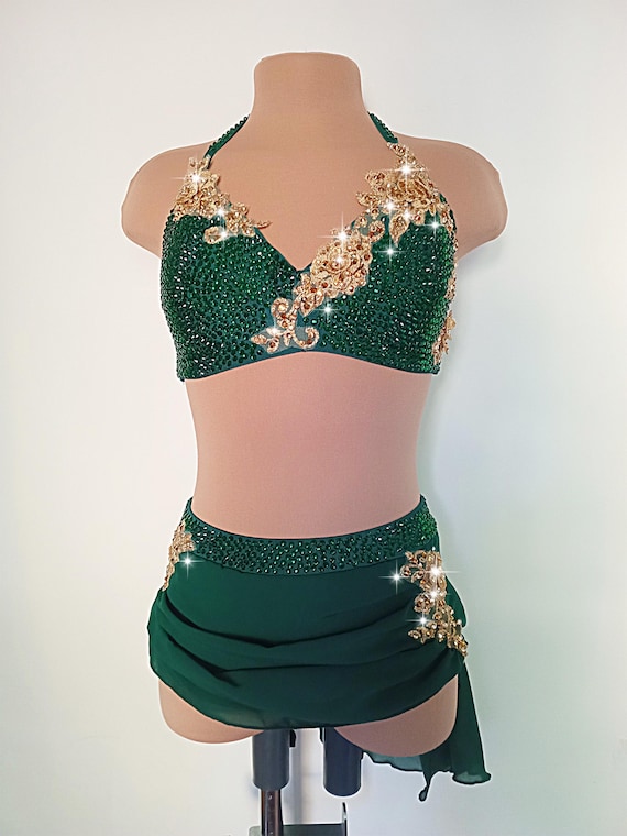 Two piece emerald green competition solo lyrical dance costume contemporary leotard