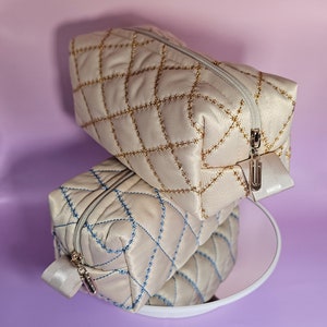 Beige Quilted Makeup bag. Makeup Pouch. Handmade Aesthetic Cosmetic Bag. Travel Pouch. Toiletry bag women.