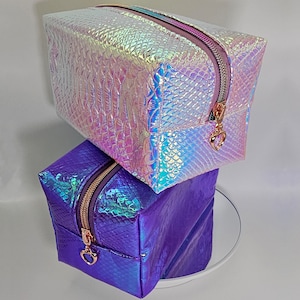 Holographic Crocodile Skin Makeup bag. Makeup Pouch. Handmade Aesthetic Cosmetic Bag. Travel Pouch. Toiletry bag women.