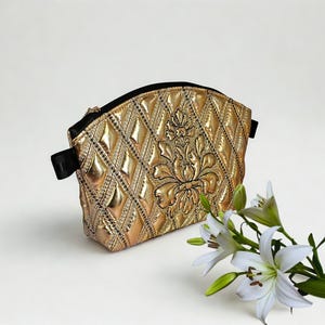 Gold & Silver Quilted Cosmetic Bag, Elegant Vegan Leather Makeup Pouch, Makeup bag