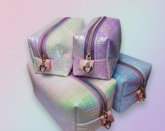 Holographic Crocodile Skin Makeup bag. Handmade Travel Pouch. Toiletry bag women.