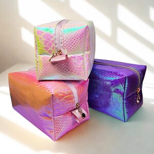 Handmade Holographic Crocodile Skin Makeup bag. Travel Pouch. Toiletry bag women.