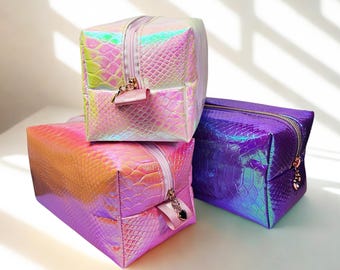 Handmade Holographic Crocodile Skin Makeup bag. Travel Pouch. Toiletry bag women.
