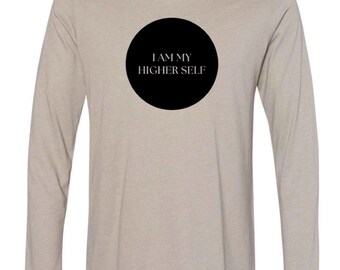 I, AM, HIGHER, SELF, T-Shirt, unisex, comfortable, lightweight, cotton, polyester, Heather Stone, and Black