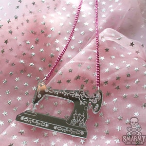 antique sewing machine necklace in silver mirror acrylic image 1